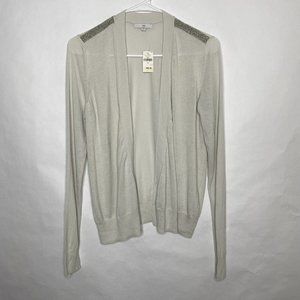 GAP Cardigan Sweater Women M Beige Gray Open Front Metallic Knit Shoulder Straps